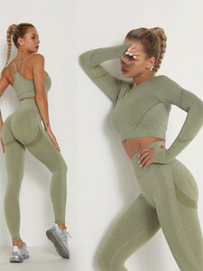 Women&#39;s Sets Skinny Tracksuit Breathable Bra Long Sleeve Top Seamless Outfits High Waist Push Up Leggings Gym Clothes Sport Suit