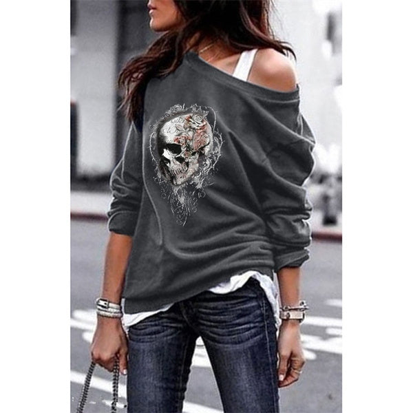 Yskkt Women&#39;s Pullover Sweatshirt Heart Printed Long Sleeve One Shoulder Tops Autumn Winter Sweat Shirts Woman Casual Top