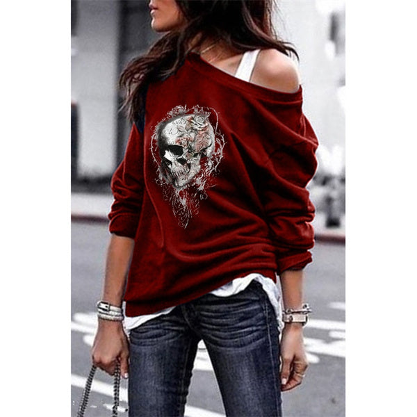 Yskkt Women&#39;s Pullover Sweatshirt Heart Printed Long Sleeve One Shoulder Tops Autumn Winter Sweat Shirts Woman Casual Top