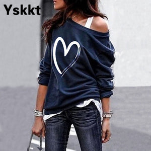 Yskkt Women&#39;s Pullover Sweatshirt Heart Printed Long Sleeve One Shoulder Tops Autumn Winter Sweat Shirts Woman Casual Top