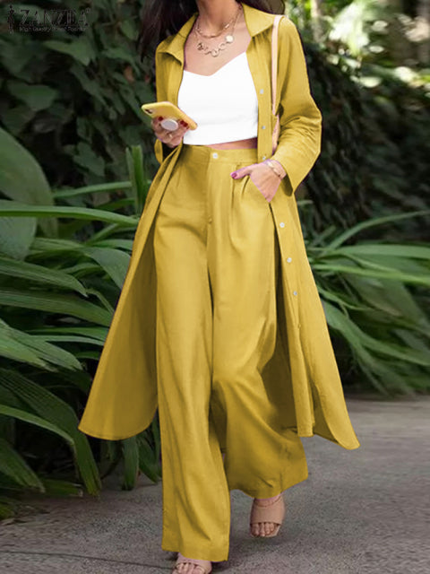 ZANZEA Fashion Long Sleeve Shirt 2PCS Women Suits Autumn Matching Sets Solid Loose Pant Sets Casual Wide Leg Trousers Oversized