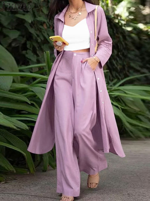 ZANZEA Fashion Long Sleeve Shirt 2PCS Women Suits Autumn Matching Sets Solid Loose Pant Sets Casual Wide Leg Trousers Oversized