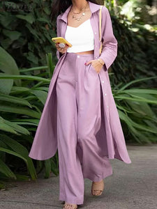 ZANZEA Fashion Long Sleeve Shirt 2PCS Women Suits Autumn Matching Sets Solid Loose Pant Sets Casual Wide Leg Trousers Oversized