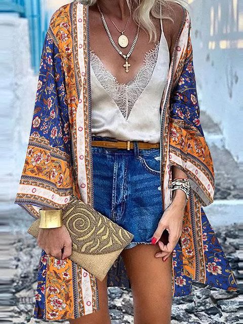 ZANZEA Women Cardigan Summer Open Front Bohemian Floral Printed Blouse Kimono Casual Loose Beach Tops Vintage Long Sleeve Blusas