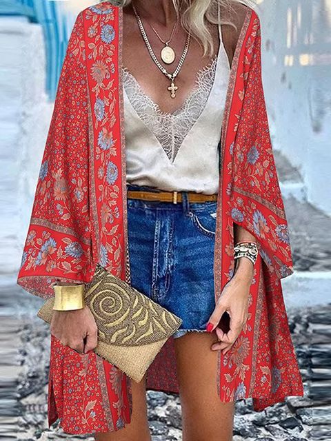 ZANZEA Women Cardigan Summer Open Front Bohemian Floral Printed Blouse Kimono Casual Loose Beach Tops Vintage Long Sleeve Blusas