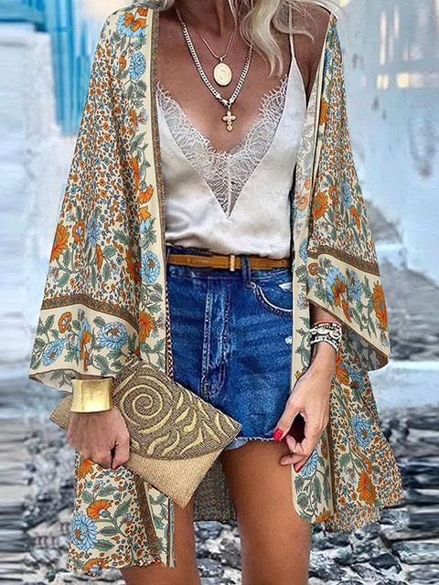 ZANZEA Women Cardigan Summer Open Front Bohemian Floral Printed Blouse Kimono Casual Loose Beach Tops Vintage Long Sleeve Blusas
