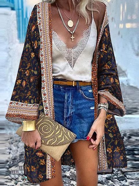 ZANZEA Women Cardigan Summer Open Front Bohemian Floral Printed Blouse Kimono Casual Loose Beach Tops Vintage Long Sleeve Blusas