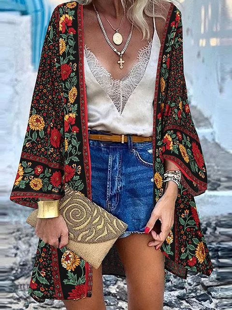 ZANZEA Women Cardigan Summer Open Front Bohemian Floral Printed Blouse Kimono Casual Loose Beach Tops Vintage Long Sleeve Blusas