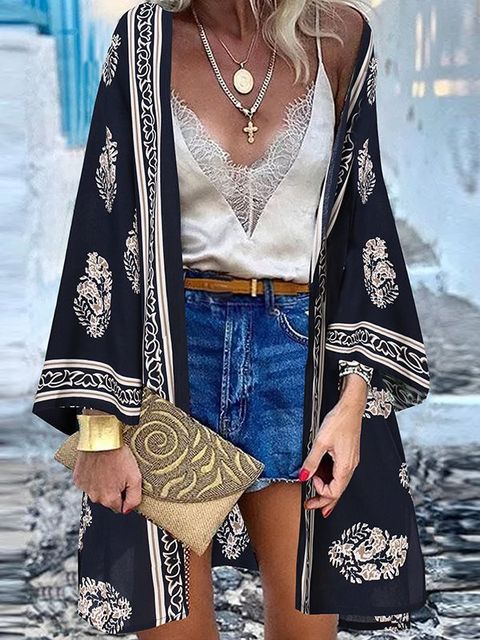 ZANZEA Women Cardigan Summer Open Front Bohemian Floral Printed Blouse Kimono Casual Loose Beach Tops Vintage Long Sleeve Blusas