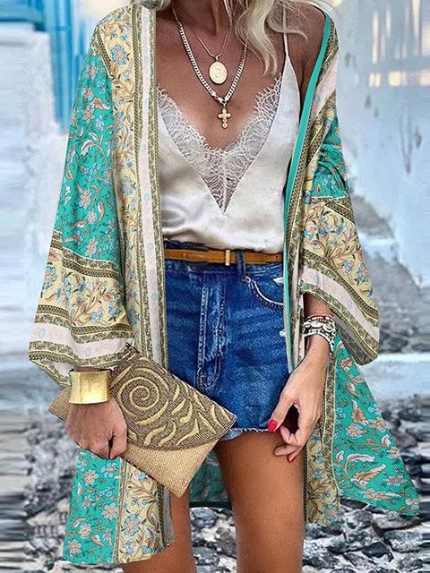 ZANZEA Women Cardigan Summer Open Front Bohemian Floral Printed Blouse Kimono Casual Loose Beach Tops Vintage Long Sleeve Blusas