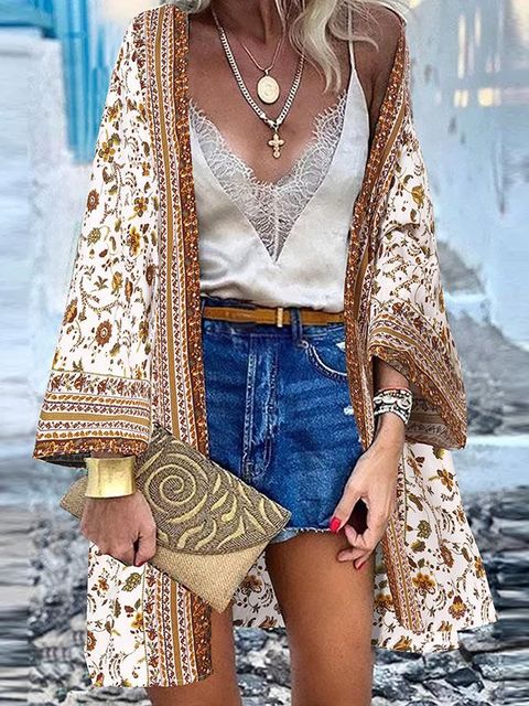 ZANZEA Women Cardigan Summer Open Front Bohemian Floral Printed Blouse Kimono Casual Loose Beach Tops Vintage Long Sleeve Blusas