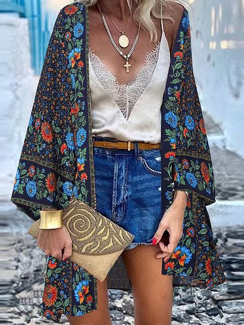 ZANZEA Women Cardigan Summer Open Front Bohemian Floral Printed Blouse Kimono Casual Loose Beach Tops Vintage Long Sleeve Blusas