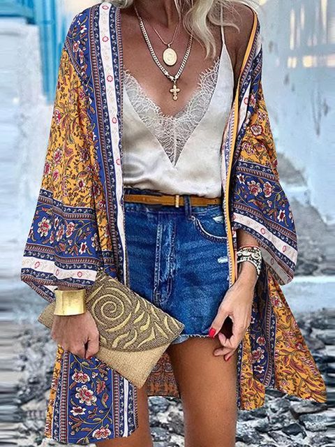 ZANZEA Women Cardigan Summer Open Front Bohemian Floral Printed Blouse Kimono Casual Loose Beach Tops Vintage Long Sleeve Blusas