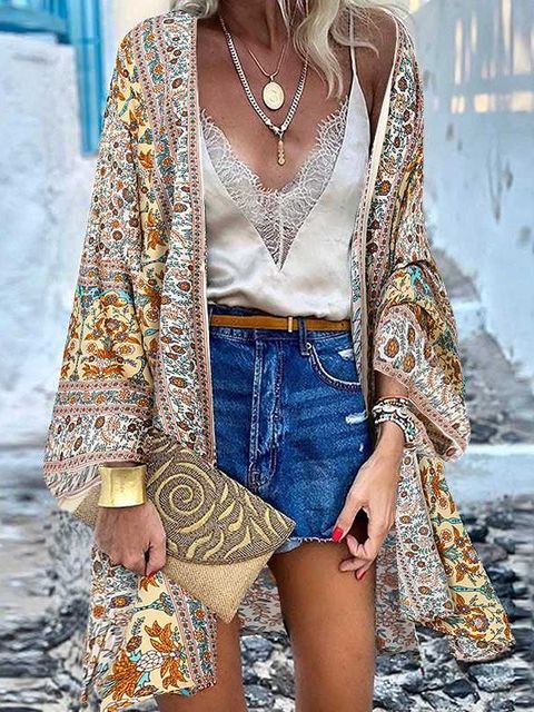 ZANZEA Women Cardigan Summer Open Front Bohemian Floral Printed Blouse Kimono Casual Loose Beach Tops Vintage Long Sleeve Blusas