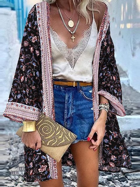 ZANZEA Women Cardigan Summer Open Front Bohemian Floral Printed Blouse Kimono Casual Loose Beach Tops Vintage Long Sleeve Blusas