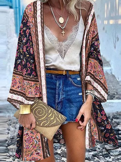 ZANZEA Women Cardigan Summer Open Front Bohemian Floral Printed Blouse Kimono Casual Loose Beach Tops Vintage Long Sleeve Blusas