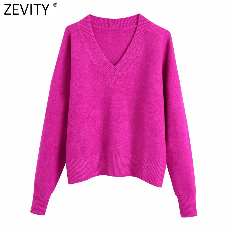 Zevity Women Simply V Neck Soft Touch Casual Purple Knitting Sweater Female Chic Basic Long Sleeve Pullovers Brand Tops SW901