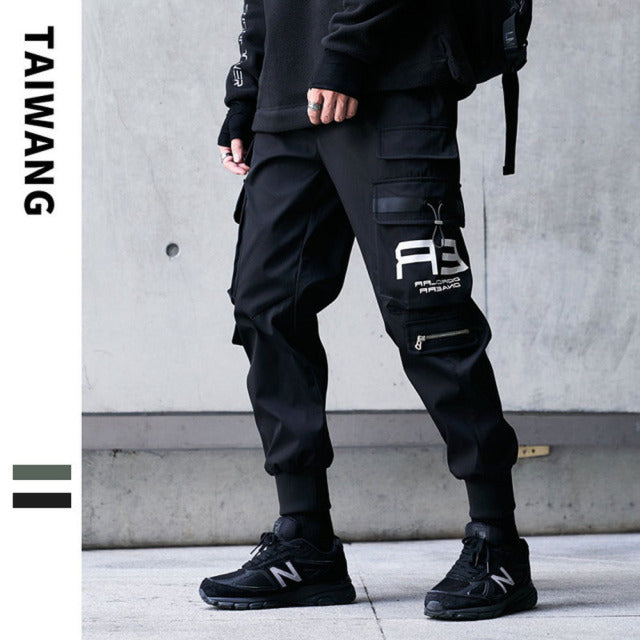 Joggers Cargo Pants for Men Casual Hip Hop Hit Color Pocket Male Trousers Sweatpants Streetwear Ribbons Techwear Pants