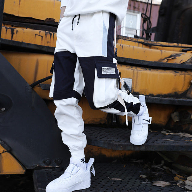 Joggers Cargo Pants for Men Casual Hip Hop Hit Color Pocket Male Trousers Sweatpants Streetwear Ribbons Techwear Pants