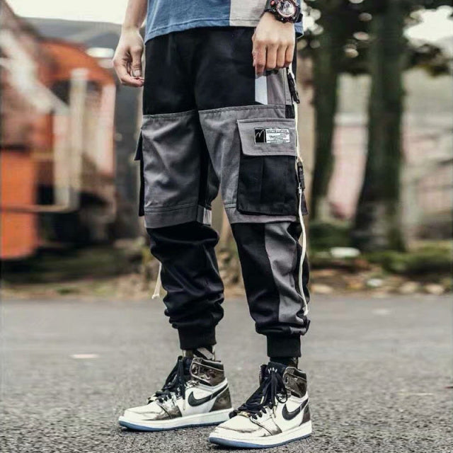 Joggers Cargo Pants for Men Casual Hip Hop Hit Color Pocket Male Trousers Sweatpants Streetwear Ribbons Techwear Pants