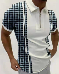 New Summer High Quality Men Polo Shirts High Street Print Casual Short Sleeve Mens Shirts Turn-Down Collar Zipper Polo Shirt Men