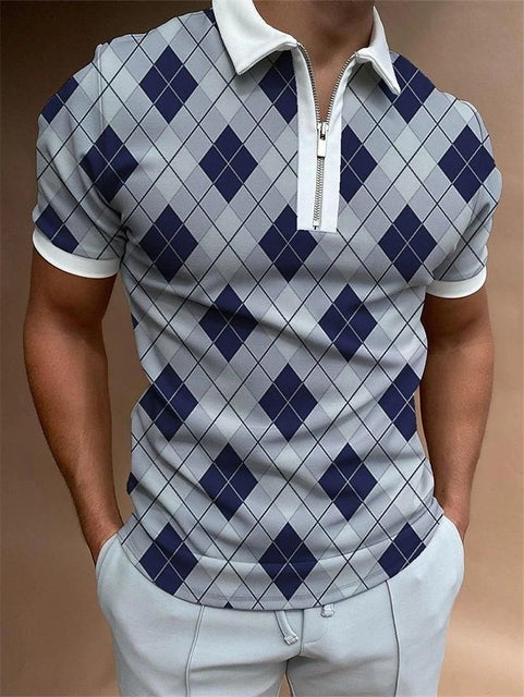 New Summer High Quality Men Polo Shirts High Street Print Casual Short Sleeve Mens Shirts Turn-Down Collar Zipper Polo Shirt Men